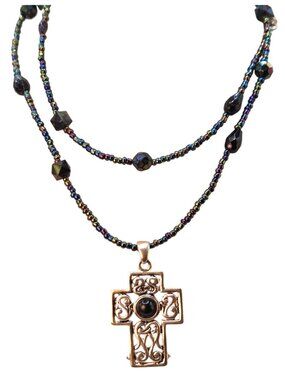 Multi-Strand Beaded Necklace With Celtic Cross Pendant & Iridescent Beads